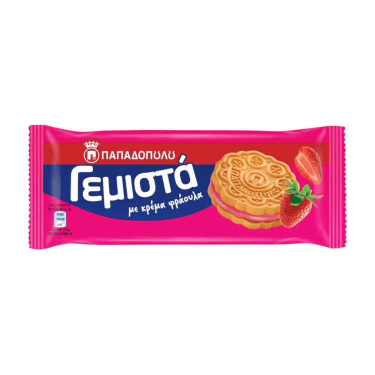 Kekse mit Erdbeerfüllung (58g) Papadopoulou von Papadopoulos bei Araxxon - Hochwertiges griechisches Produkt. Kekse mit Erdbeerfüllung (58g) Papadopoulou από Papadopoulos στο Araxxon - Αυθεντικό ελληνικό προϊόν.